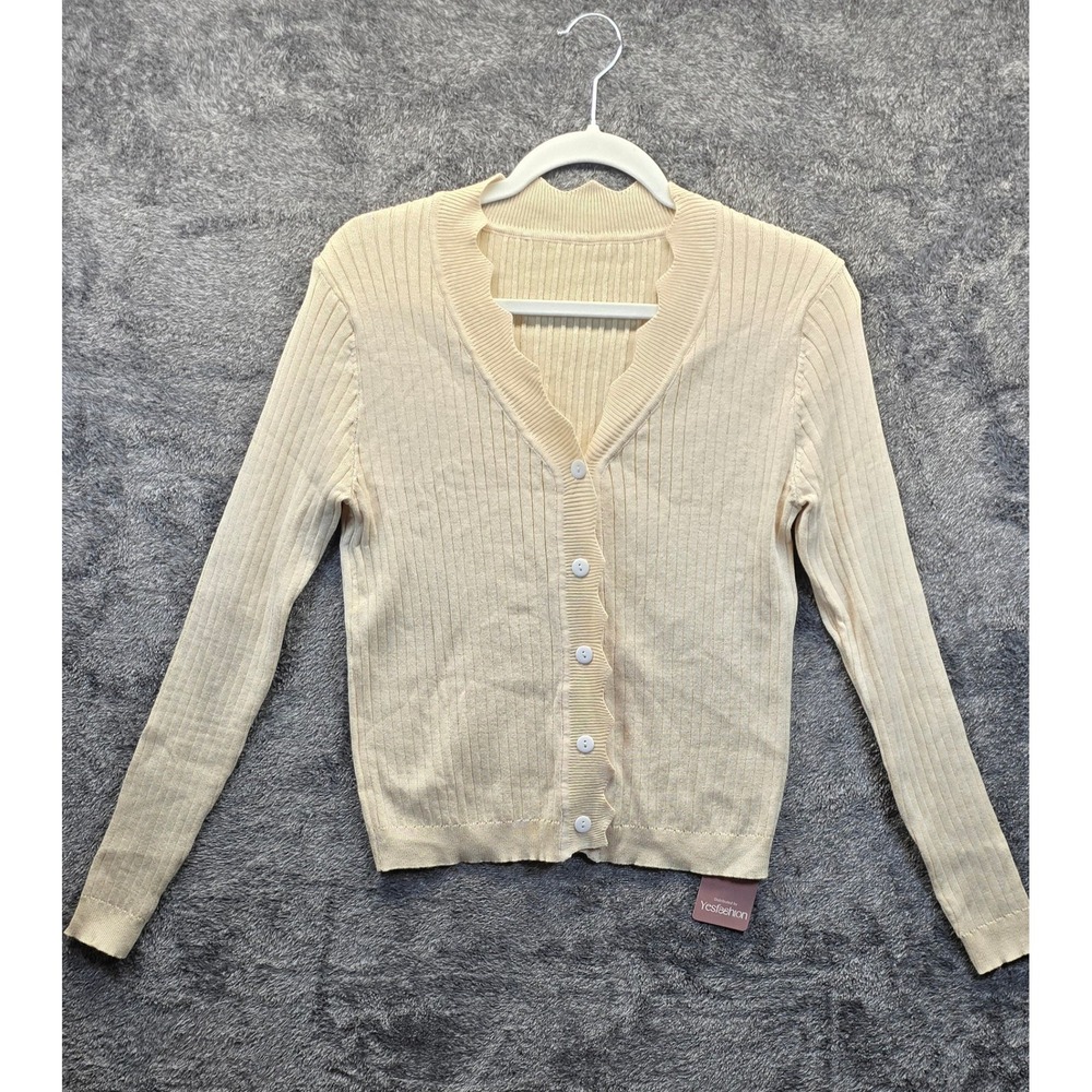 Yesfashion Cream‎ Ribbed Knit Scalloped Edge Cardigan Sweater Small Beige NWT